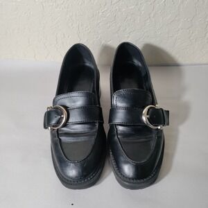 Marc Fisher Black Leather Loafers with Silver Buckle